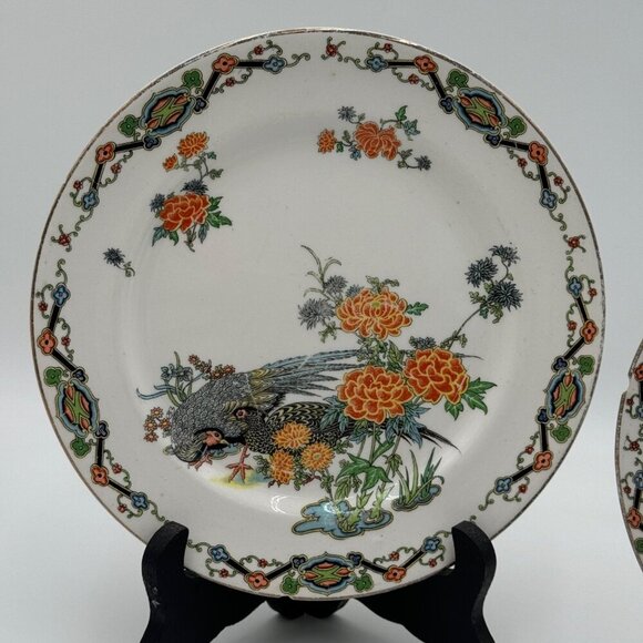 Vintage John Maddock and Sons Royal Vitreous Peacock Dessert Plate set of two - Picture 3 of 15